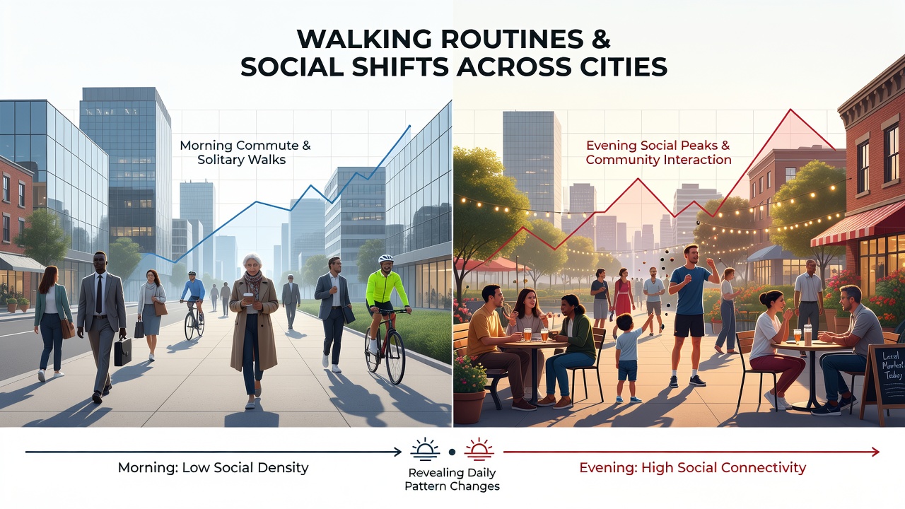 City residents engaging in evening group walks along a tree-lined urban pathway with visible social clusters